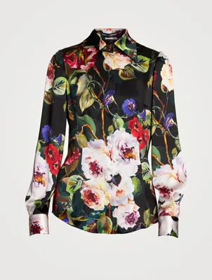 Stretch Silk Satin Shirt Floral Print