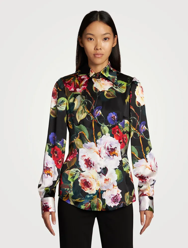 Stretch Silk Satin Shirt In Floral Print