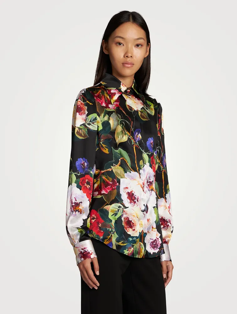 Stretch Silk Satin Shirt In Floral Print