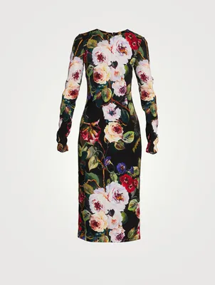Silk Charmeuse Midi Sheath Dress Floral Print