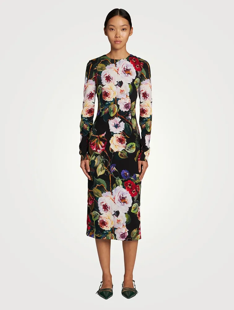 Silk Charmeuse Midi Sheath Dress In Floral Print