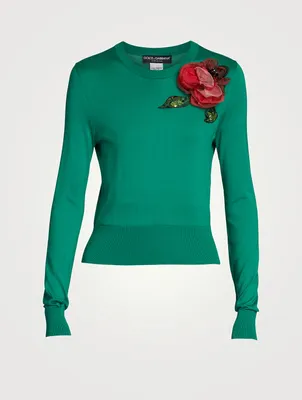 Silk Floral Appliqué Crewneck Sweater