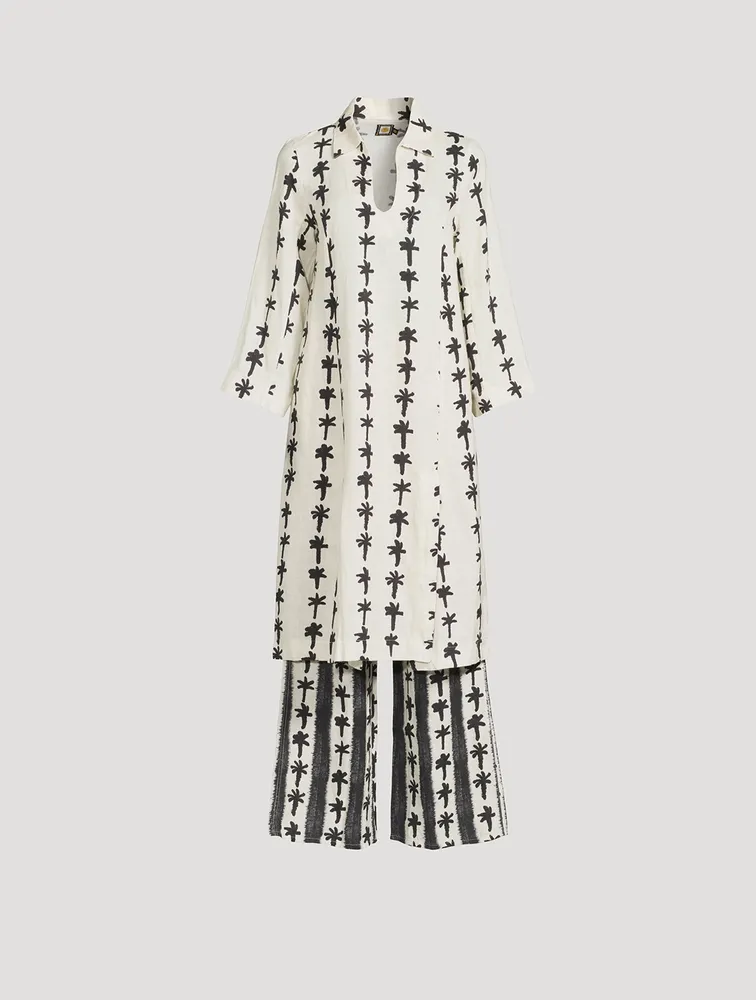 Linen Caftan Lounge Set Palm Stripe