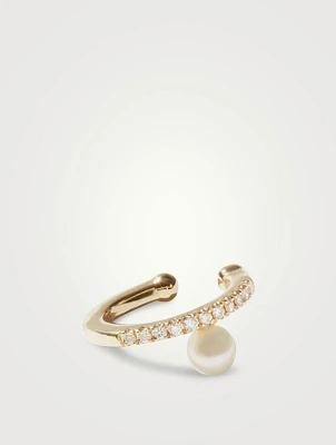 Sea Of Beauty 14K Gold Ear Cuff With Diamonds And Offset Pearl