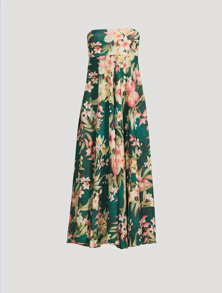 Lexi Bandeau Linen Midi Dress Palm Print