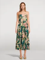 Lexi Bandeau Linen Midi Dress Palm Print