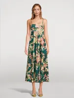 Lexi Bandeau Linen Midi Dress Palm Print