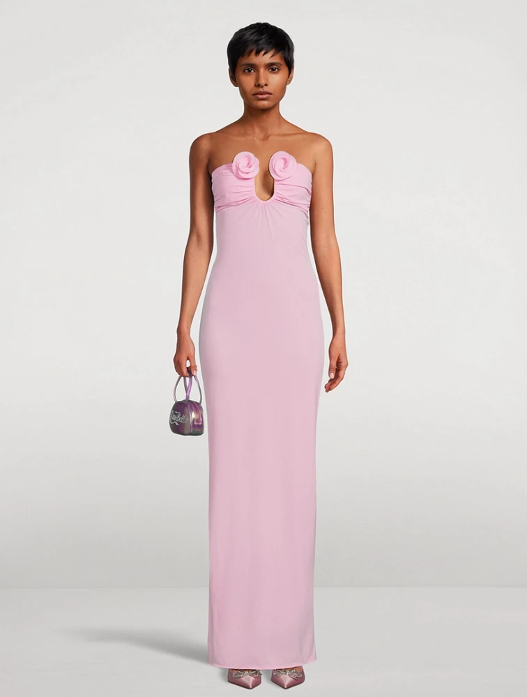 Strapless Jersey Maxi Dress with Floral Appliqué