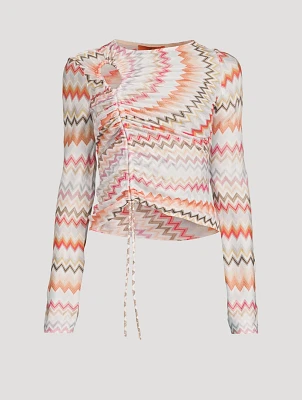 Ruched Long-Sleeve Top Zig Zag Print