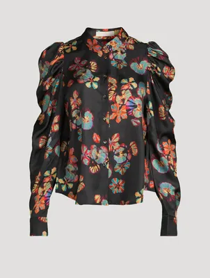 Dari Puff-Sleeve Silk Shirt Floral Print