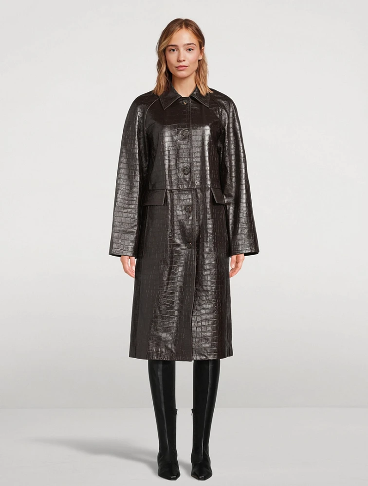 Croc-Embossed Leather Midi Coat