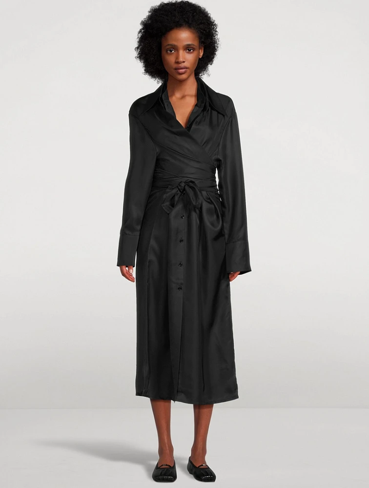 Double-Layer Silk Wrap Shirt Dress