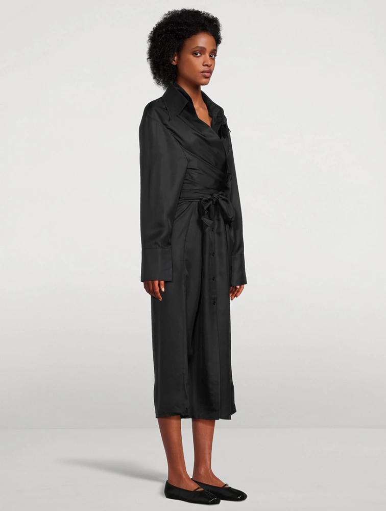 Double-Layer Silk Wrap Shirt Dress