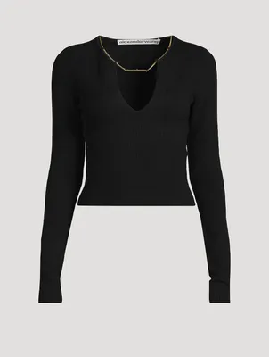 Rib-Knit Sweater With Nameplate Necklace