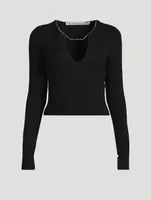 Rib-Knit Sweater With Nameplate Necklace