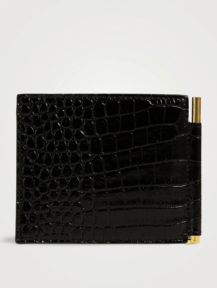 Croc-Embossed Leather Money Clip Wallet