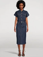 Rose-Embroidered Denim Shirt Dress