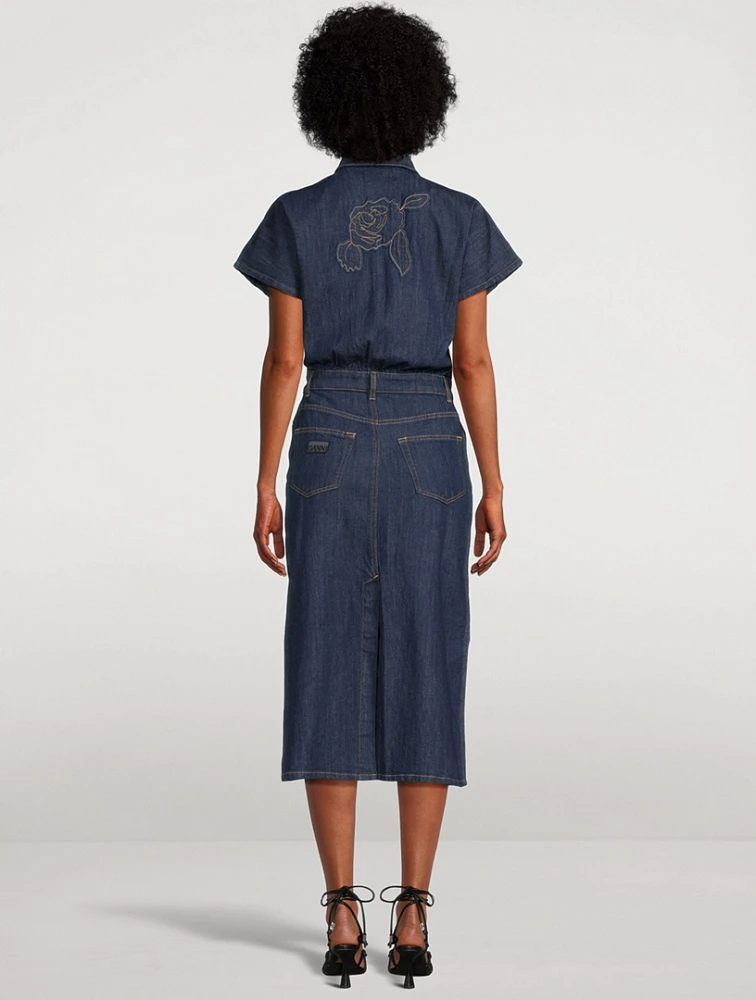 Rose-Embroidered Denim Shirt Dress