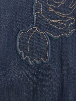 Rose-Embroidered Denim Shirt Dress
