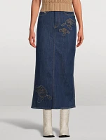 Rose-Embroidered Denim Maxi Skirt