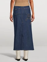 Rose-Embroidered Denim Maxi Skirt