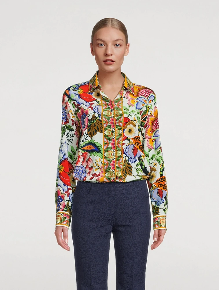 Crepe De Chine Silk Shirt Floral Print