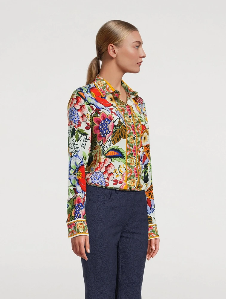 Crepe De Chine Silk Shirt Floral Print