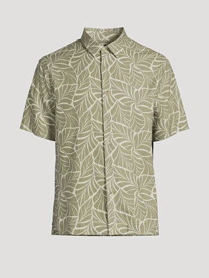Linen-Blend Shirt Knotted Leaves Print