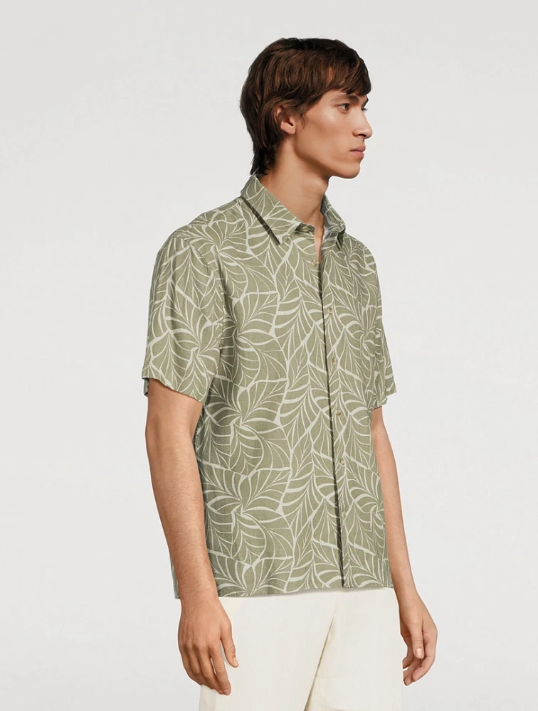 Linen-Blend Shirt Knotted Leaves Print