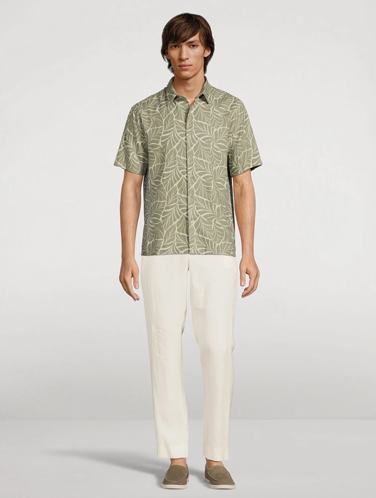 Linen-Blend Shirt Knotted Leaves Print