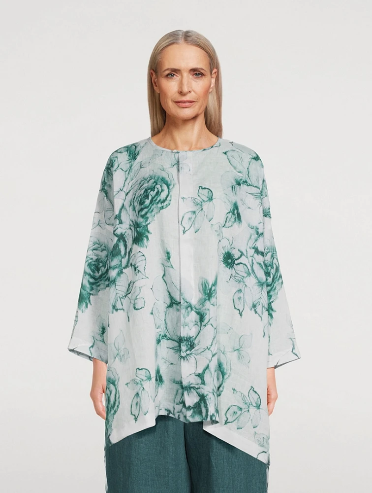 Longline Linen Blouse In Floral Print