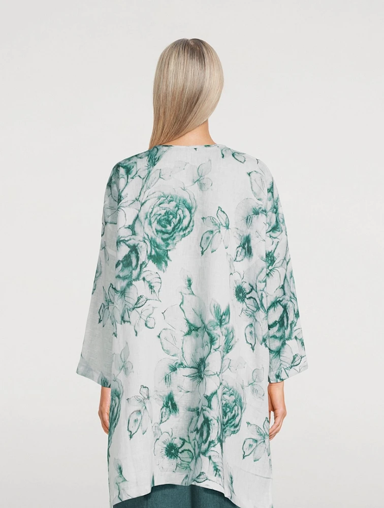 Longline Linen Blouse In Floral Print