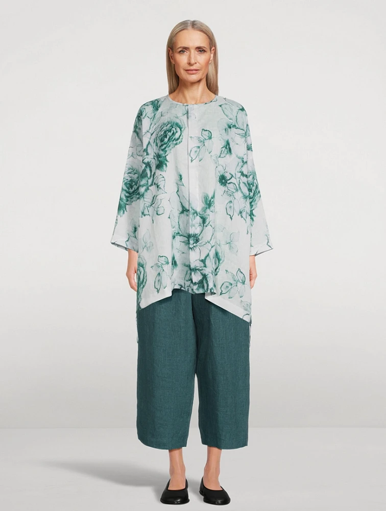 Longline Linen Blouse In Floral Print