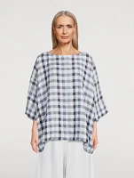 Linen-Blend Top In Plaid Print