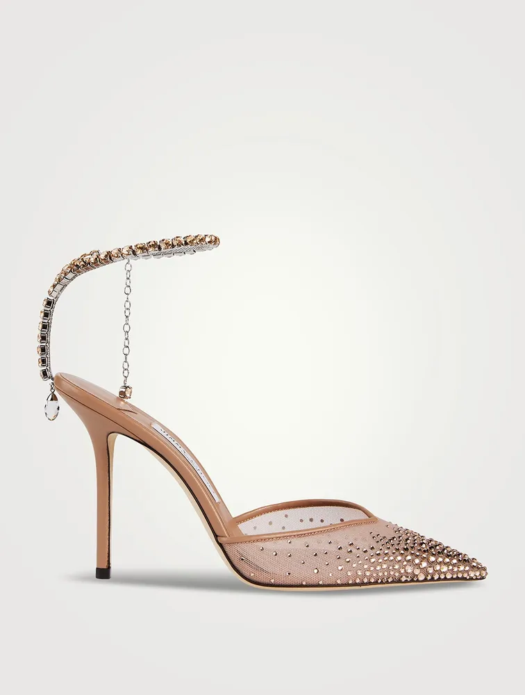 Saeda Embellished Mesh Pumps With Crystal Ankle Strap