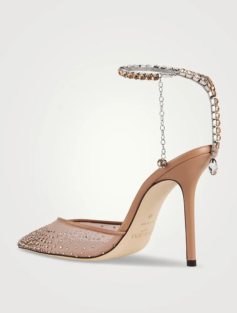 Saeda Embellished Mesh Pumps With Crystal Ankle Strap