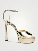 Saeda Metallic Leather Platform Sandals With Crystal Ankle Strap