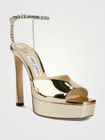 Saeda Metallic Leather Platform Sandals With Crystal Ankle Strap