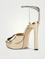 Saeda Metallic Leather Platform Sandals With Crystal Ankle Strap