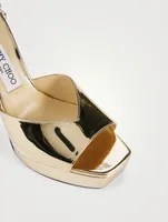 Saeda Metallic Leather Platform Sandals With Crystal Ankle Strap
