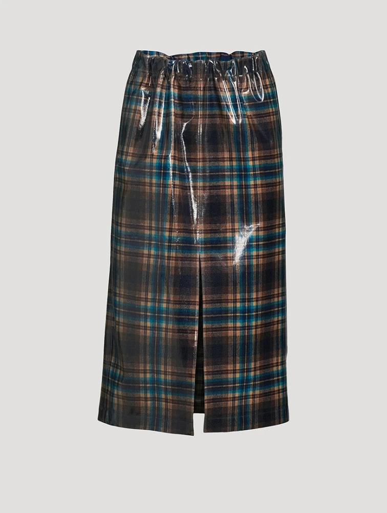 Coated Wool Midi Skirt Plaid Print