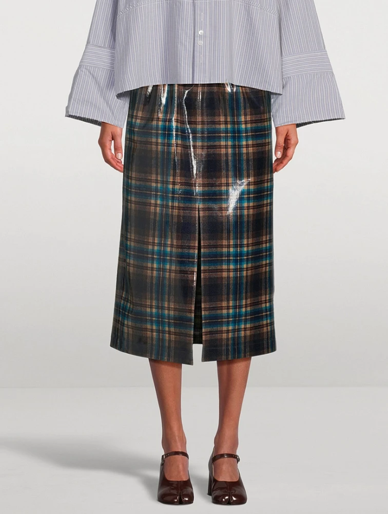 Coated Wool Midi Skirt Plaid Print