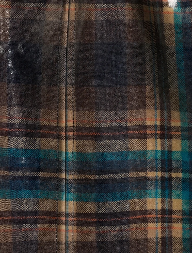 Coated Wool Midi Skirt Plaid Print