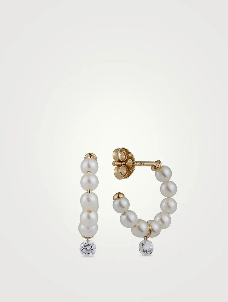 Small Sea Of Beauty 14K Gold Pearl Hoop Earrings With Diamonds