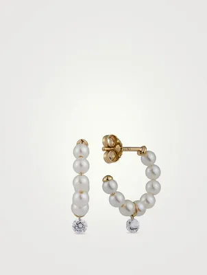Small Sea Of Beauty 14K Gold Pearl Hoop Earrings With Diamonds