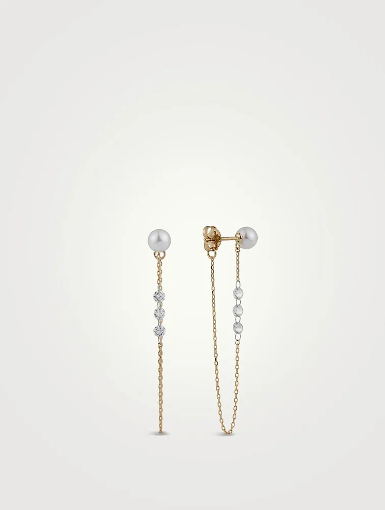 Sea Of Beauty 14K Gold Pierced Diamond And Pearl Chain Earrings