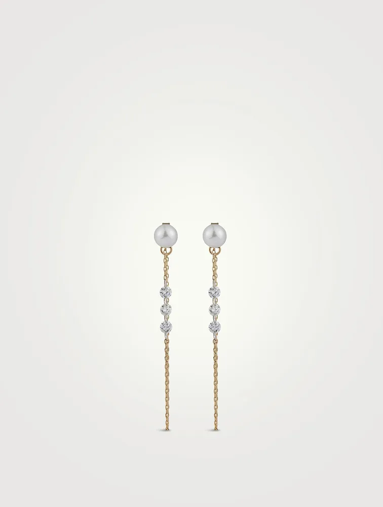 Sea Of Beauty 14K Gold Pierced Diamond And Pearl Chain Earrings