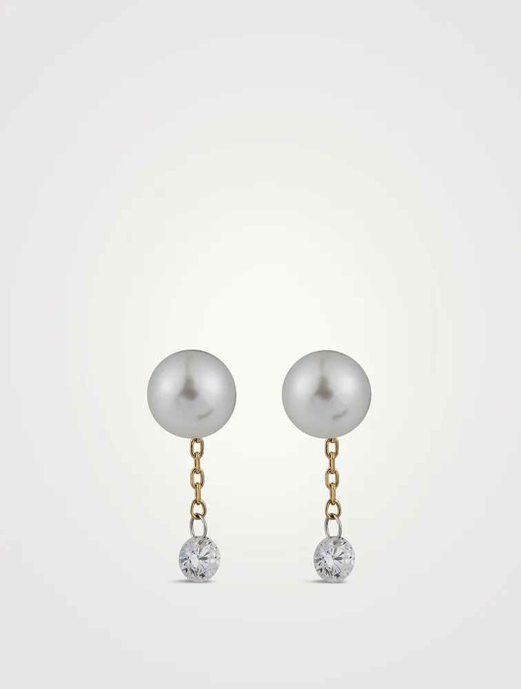 Sea Of Beauty 14K Gold Pearl Chain Stud Earrings With Diamonds