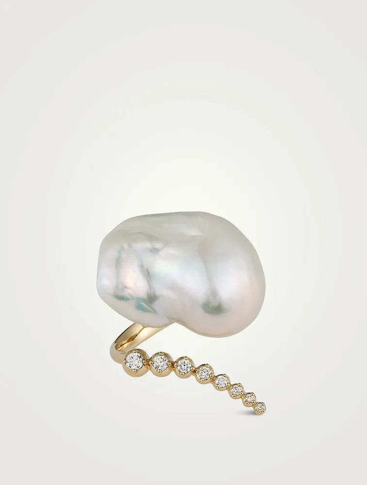 Sea Of Beauty Collection 14K Gold Open Multi Diamond And Baroque Pearl Ring