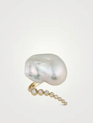 Sea Of Beauty Collection 14K Gold Open Multi Diamond And Baroque Pearl Ring